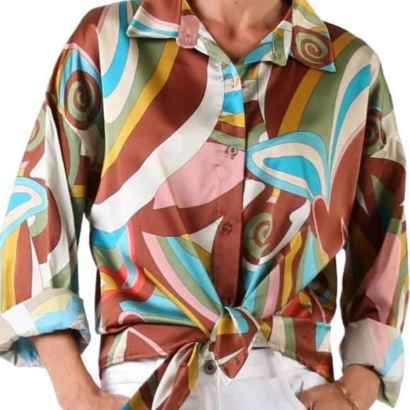 NWT Gigi Moda Disco Tecca Satin Button Down Shirt - Picture 1 of 2